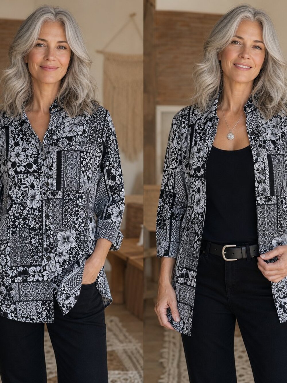 Green Dog Black & White Floral Patchwork Blouse – Size 1X – Button‑Up or Layered